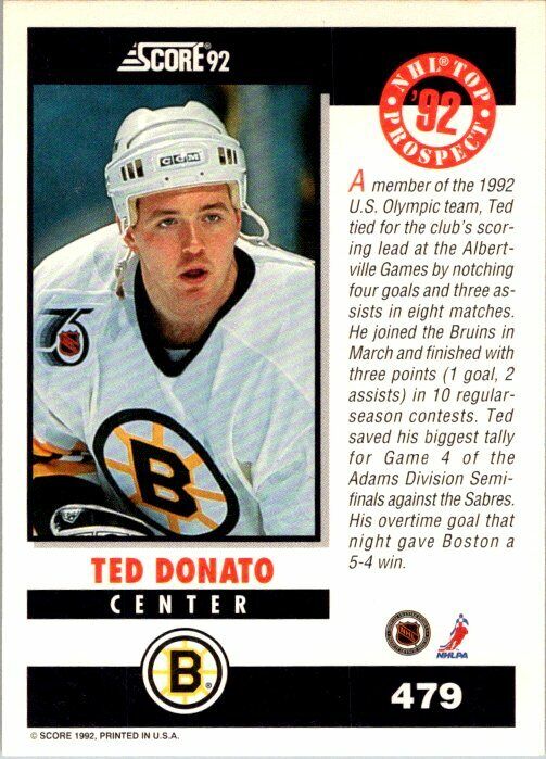 Ted Donato Boston Bruins Hand Signed 1992 Score Hockey Card #479 NM