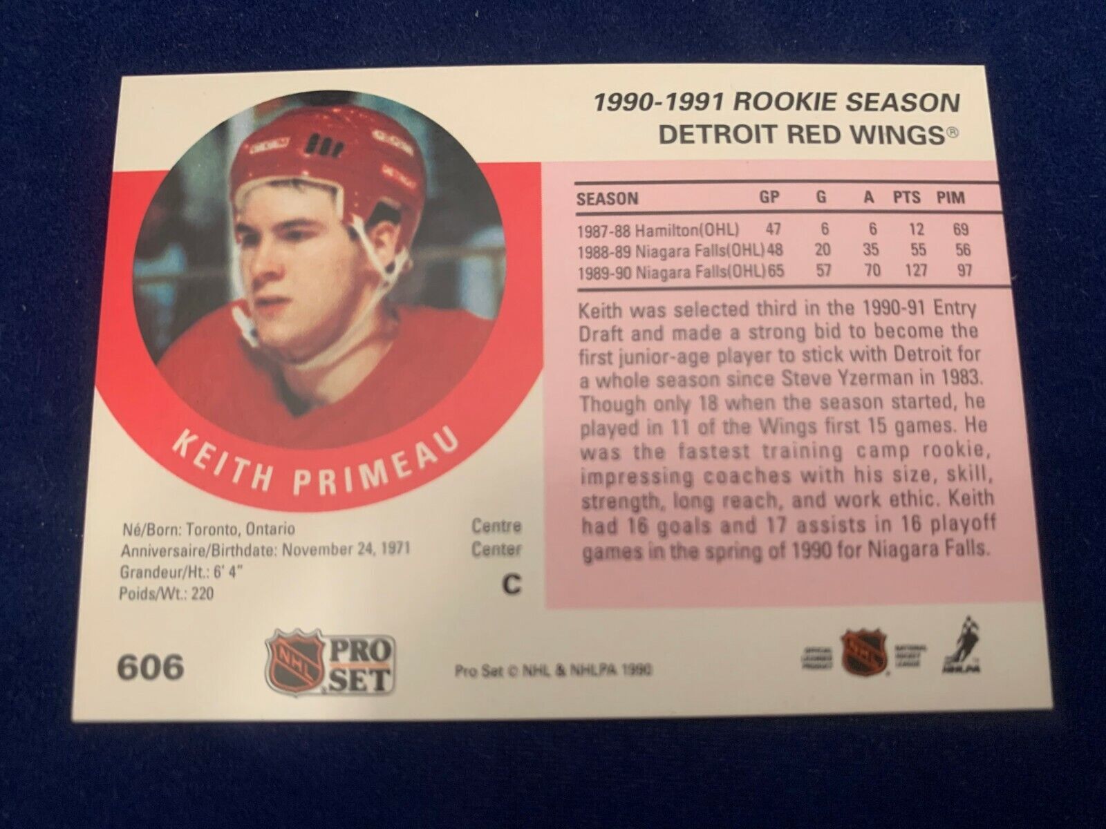 Keith Primeau Detroit Red Wings Hand Signed 1990 Pro Set Hockey Card #606 NM