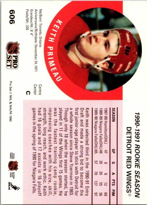 Keith Primeau Detroit Red Wings Hand Signed 1990 Pro Set Hockey Card #606 NM