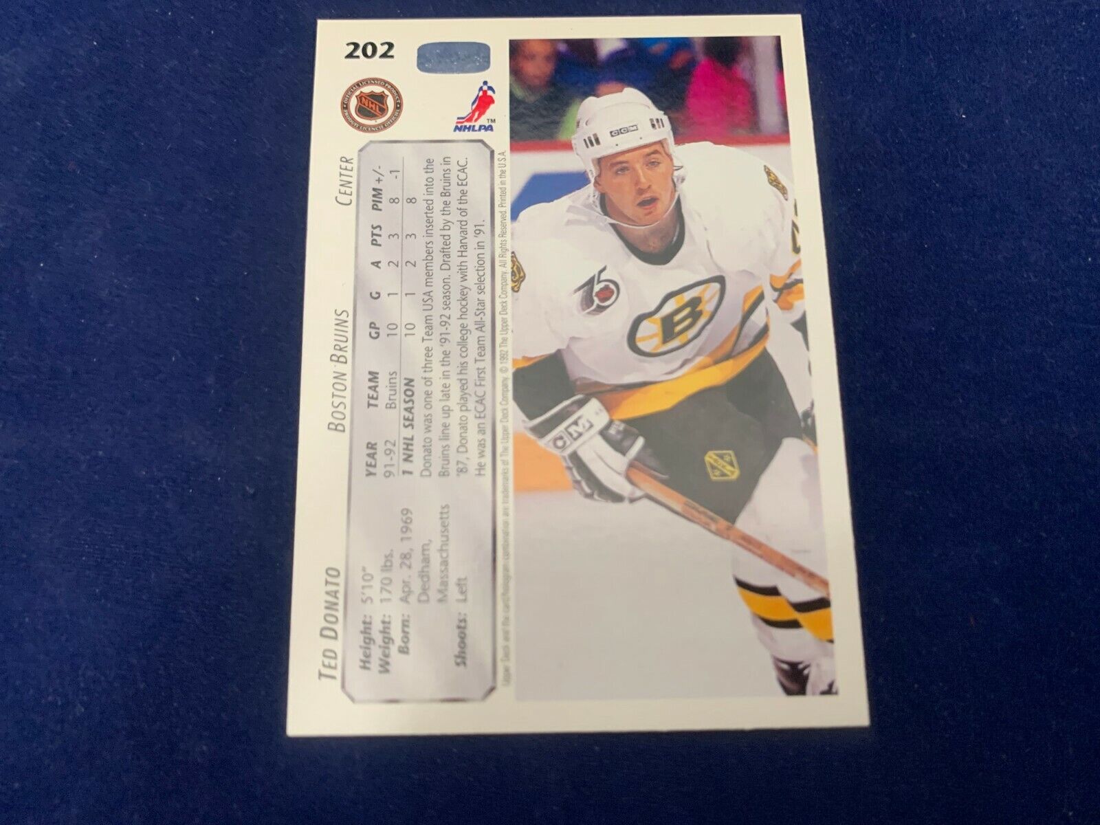 Ted Donato Boston Bruins Hand Signed 1992 Upper Deck Hockey Card #202 NM