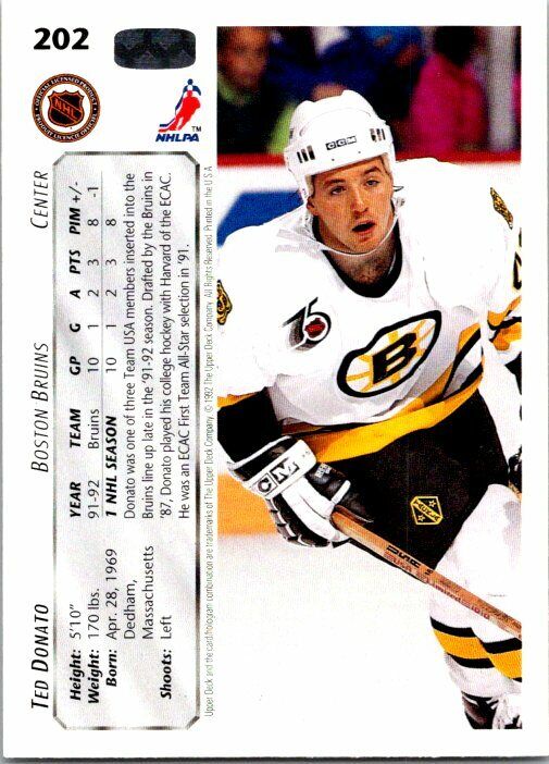 Ted Donato Boston Bruins Hand Signed 1992 Upper Deck Hockey Card #202 NM