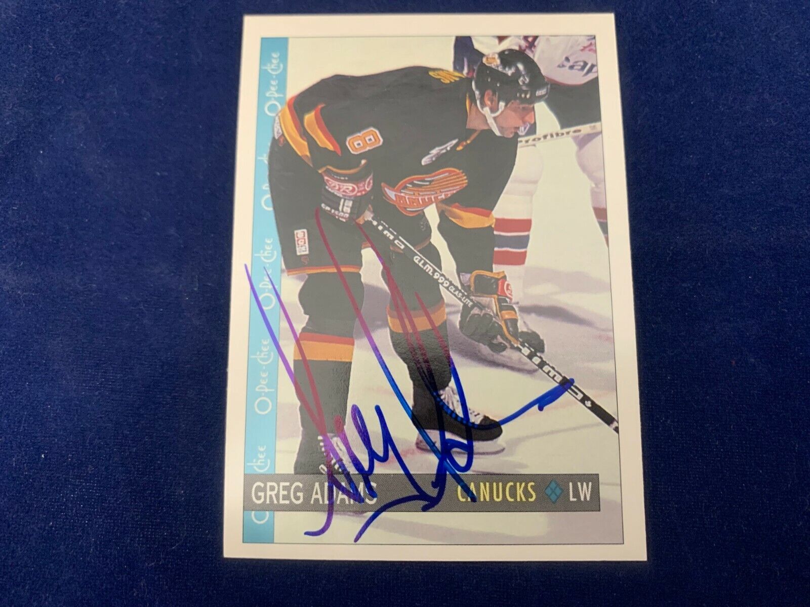 Greg Adams Vancouver Canucks Hand Signed 1992 O-PEE-CHEE Hockey Card #365 NM