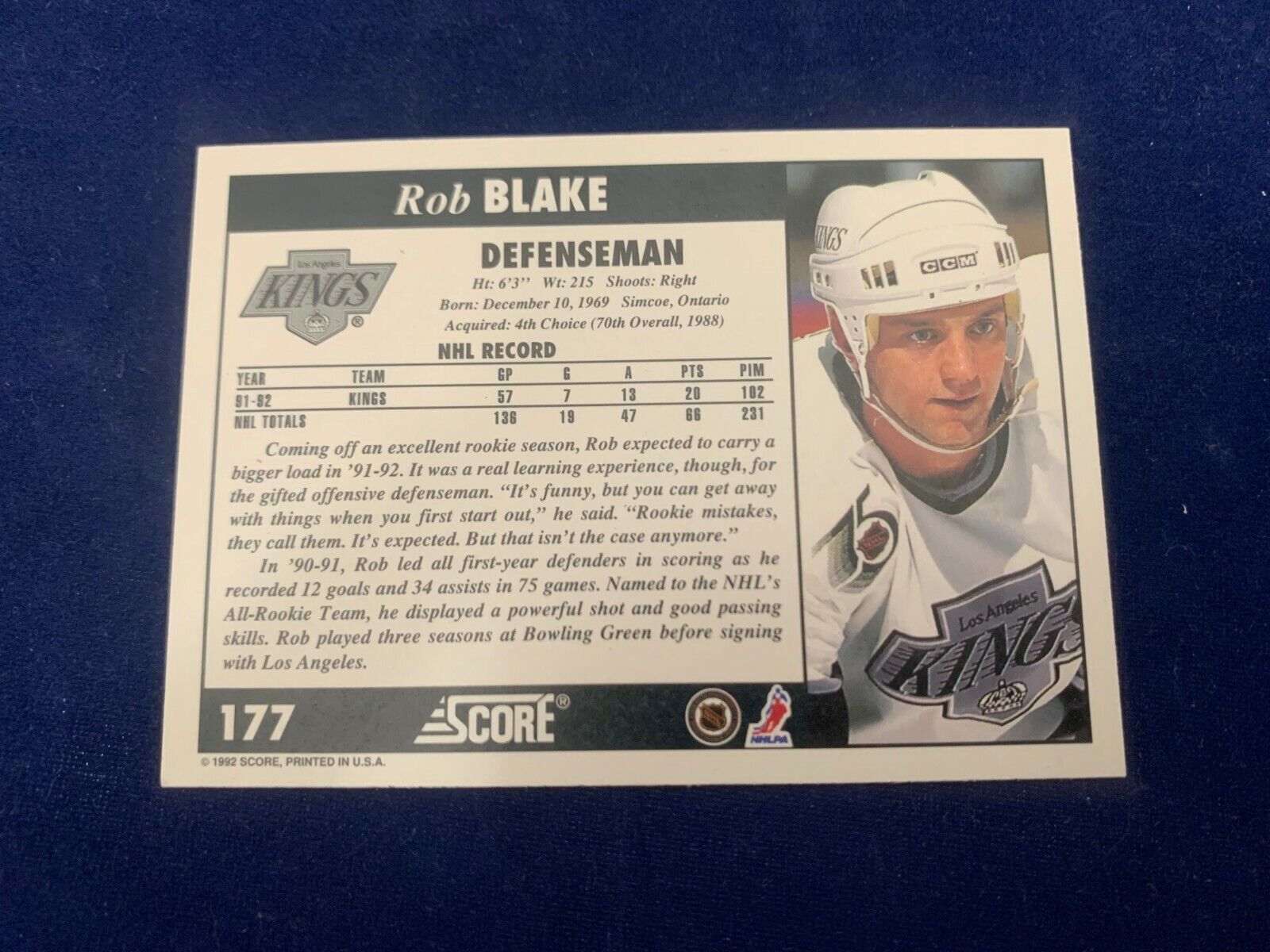 Rob Blake Los Angeles Kings Hand Signed 1992 Score Hockey Card #177 NM