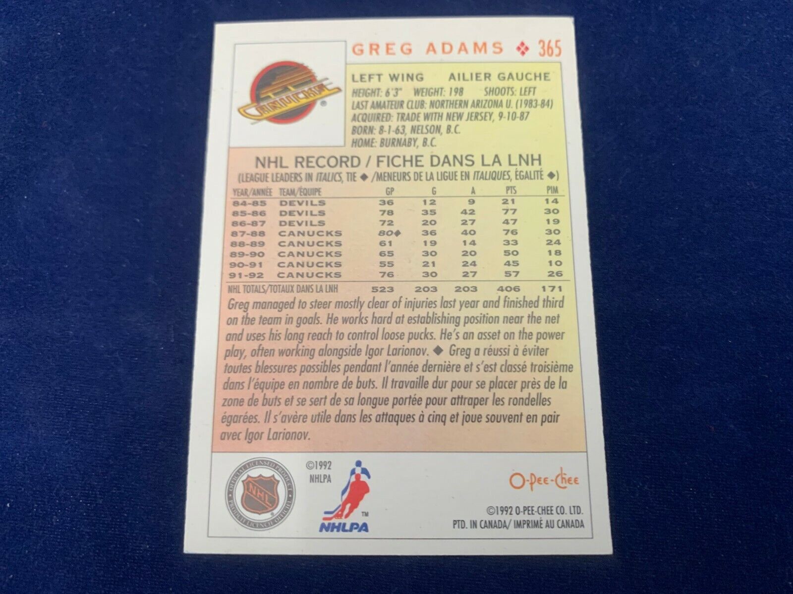 Greg Adams Vancouver Canucks Hand Signed 1992 O-PEE-CHEE Hockey Card #365 NM