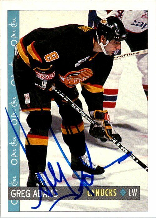 Greg Adams Vancouver Canucks Hand Signed 1992 O-PEE-CHEE Hockey Card #365 NM