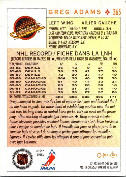 Greg Adams Vancouver Canucks Hand Signed 1992 O-PEE-CHEE Hockey Card #365 NM