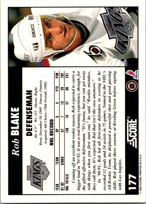 Rob Blake Los Angeles Kings Hand Signed 1992 Score Hockey Card #177 NM