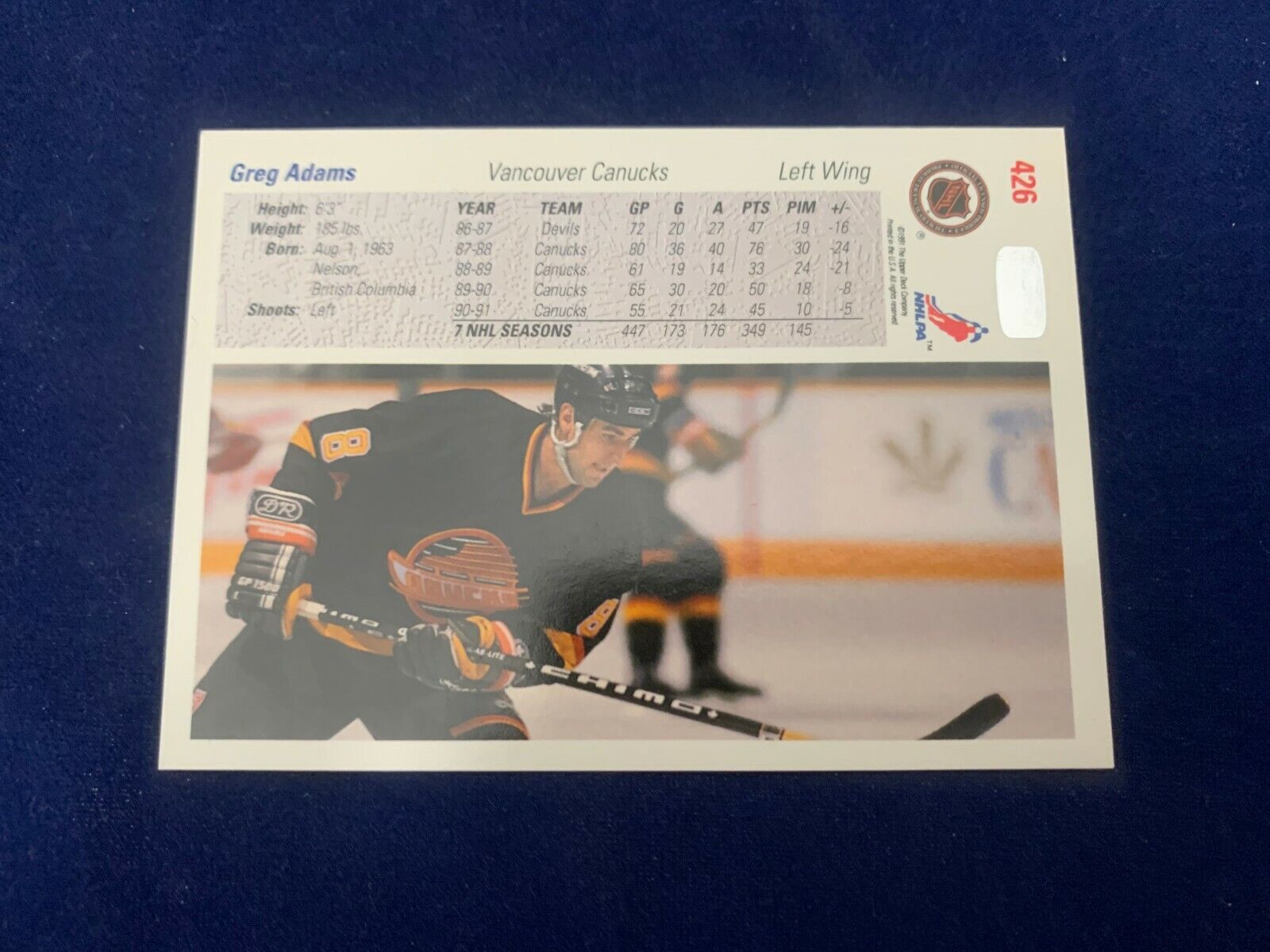 Greg Adams Vancouver Canucks Hand Signed 1991 Upper Deck Hockey Card #426 NM