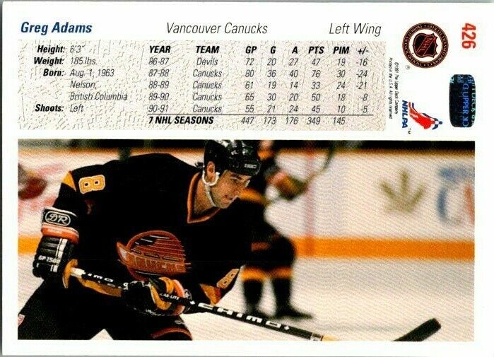 Greg Adams Vancouver Canucks Hand Signed 1991 Upper Deck Hockey Card #426 NM