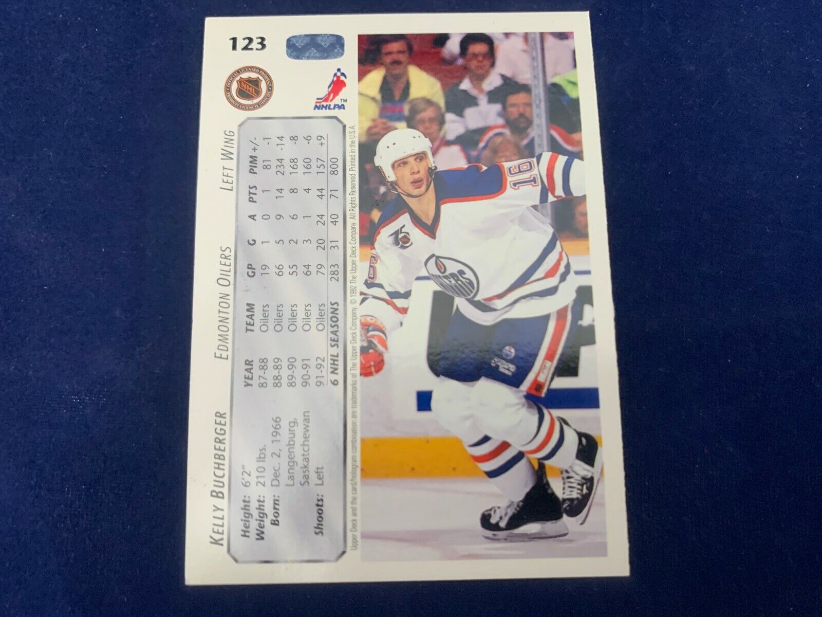 Kelly Buchberger Edmonton Oilers Hand Signed 1992 Upper Deck Hockey Card #123 NM