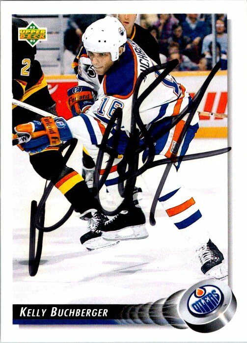 Kelly Buchberger Edmonton Oilers Hand Signed 1992 Upper Deck Hockey Card #123 NM