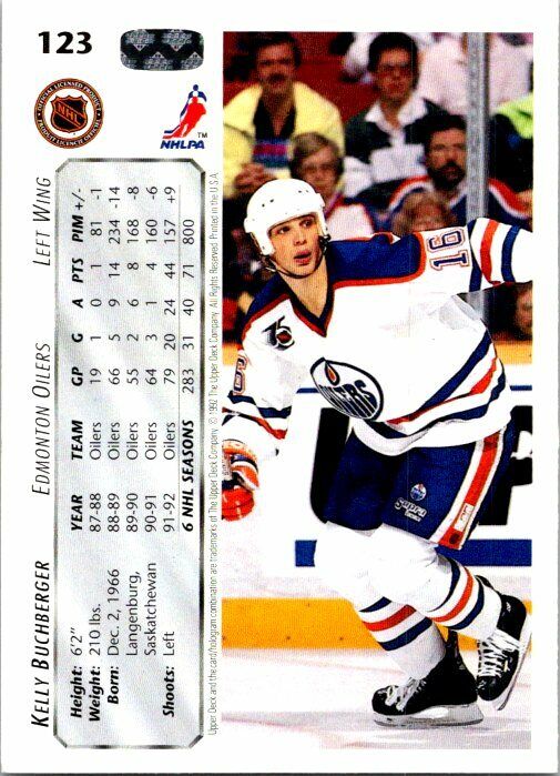 Kelly Buchberger Edmonton Oilers Hand Signed 1992 Upper Deck Hockey Card #123 NM