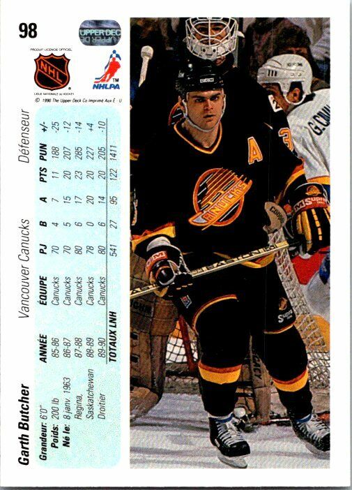 Garth Butcher Vancouver Canucks Hand Signed 1990 Upper Deck Hockey Card #98 NM