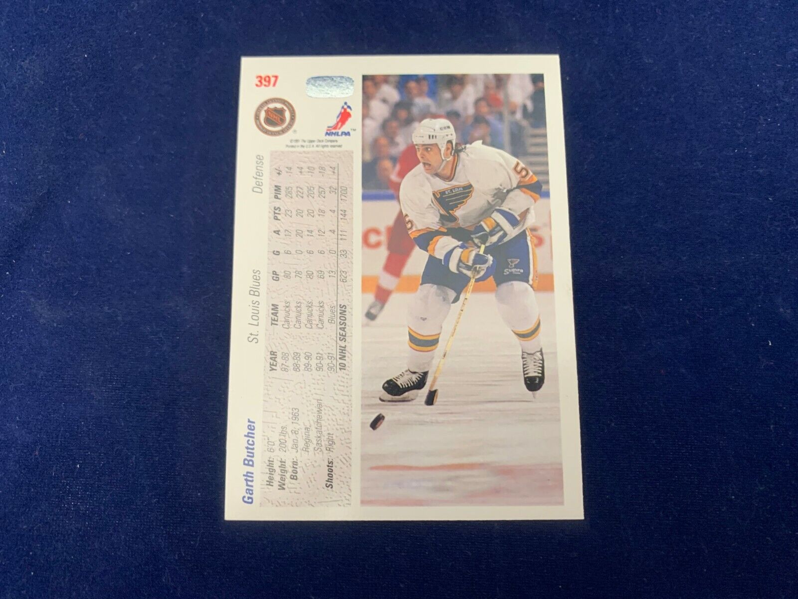 Garth Butcher St. Louis Blues Hand Signed 1991 Upper Deck Hockey Card #397 NM