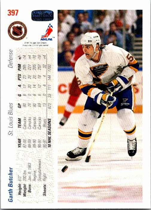 Garth Butcher St. Louis Blues Hand Signed 1991 Upper Deck Hockey Card #397 NM