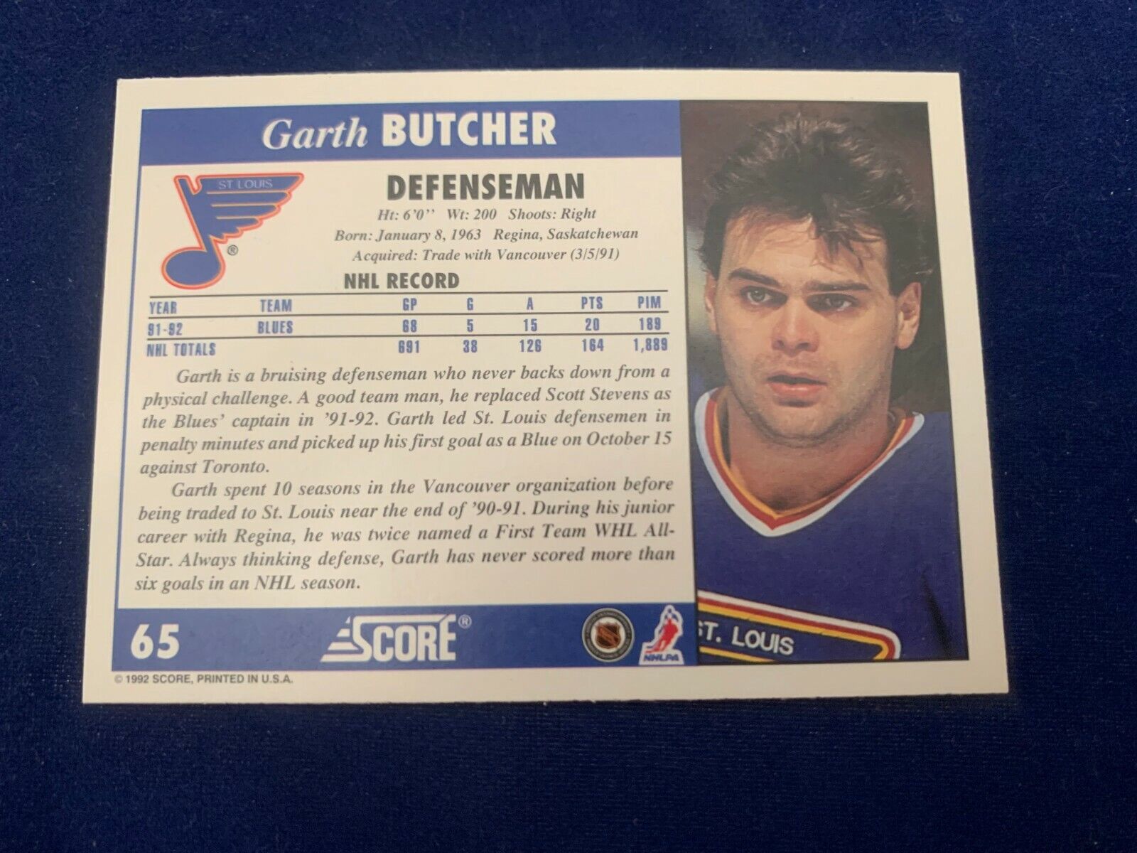 Garth Butcher St. Louis Blues Hand Signed 1992 Score Hockey Card #65 NM