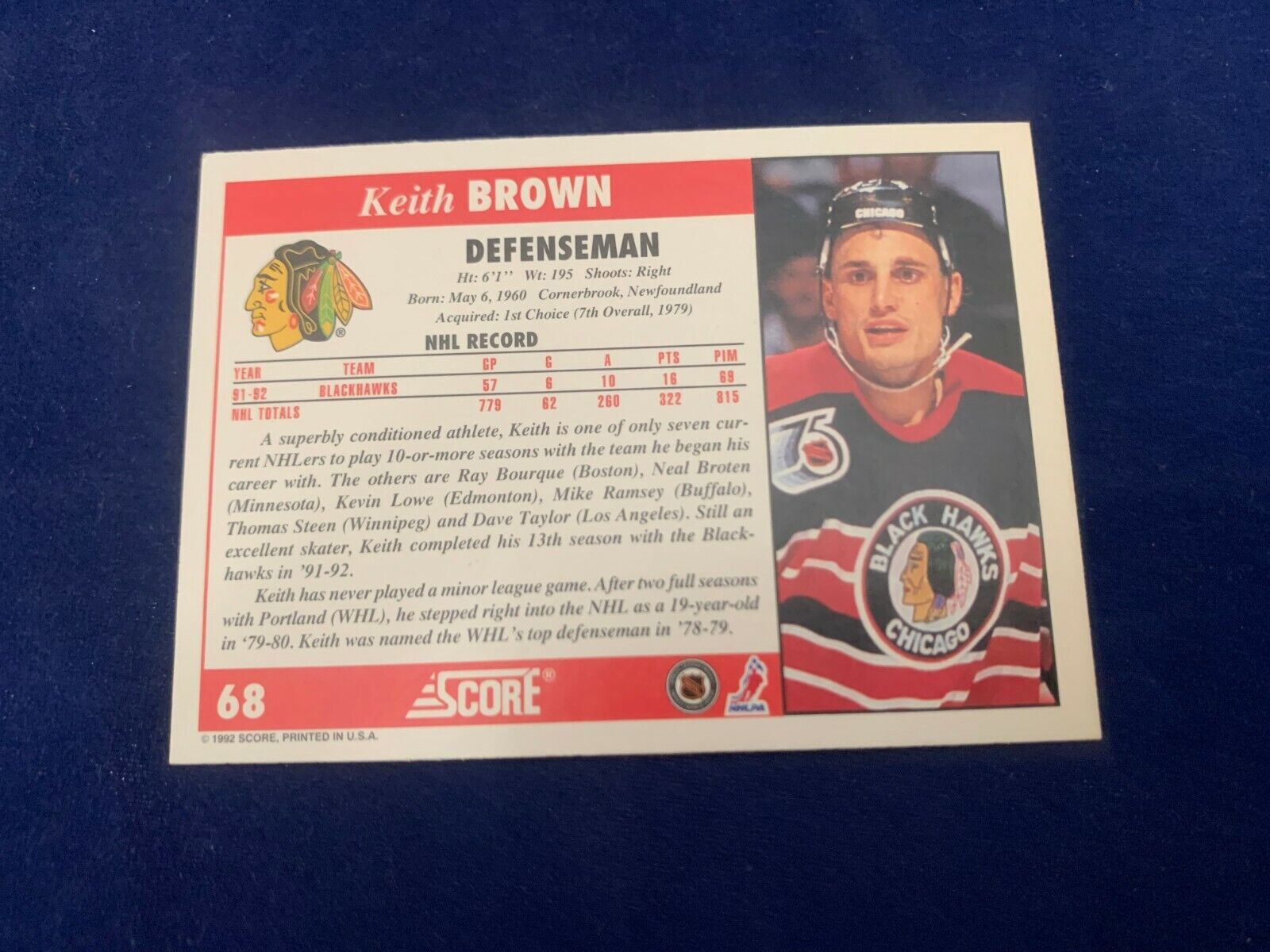 Keith Brown Chicago Blackhawks Hand Signed 1992 Score Hockey Card #68 NM