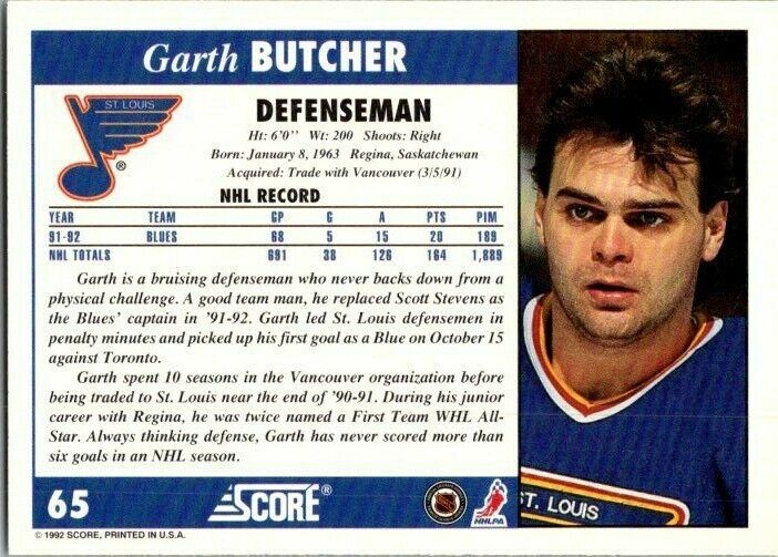 Garth Butcher St. Louis Blues Hand Signed 1992 Score Hockey Card #65 NM