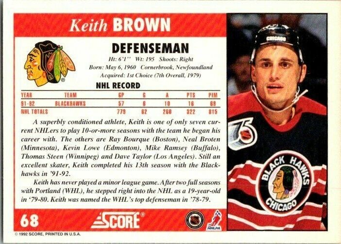 Keith Brown Chicago Blackhawks Hand Signed 1992 Score Hockey Card #68 NM