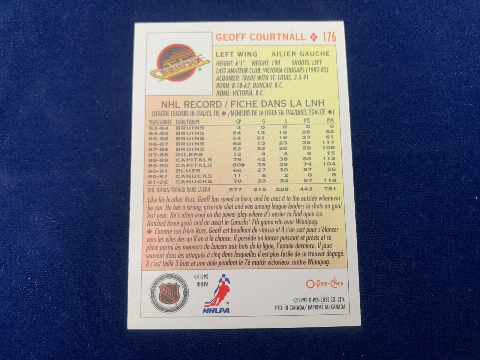 Geoff Courtnall Vancouver Canucks Hand Signed 1992 O-PEE-CHEE Hockey Card #176