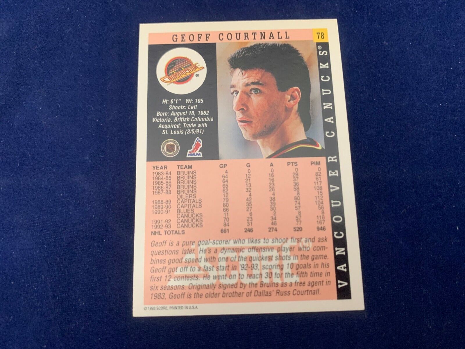 Geoff Courtnall Vancouver Canucks Hand Signed 1993 Score Hockey Card #78 NM