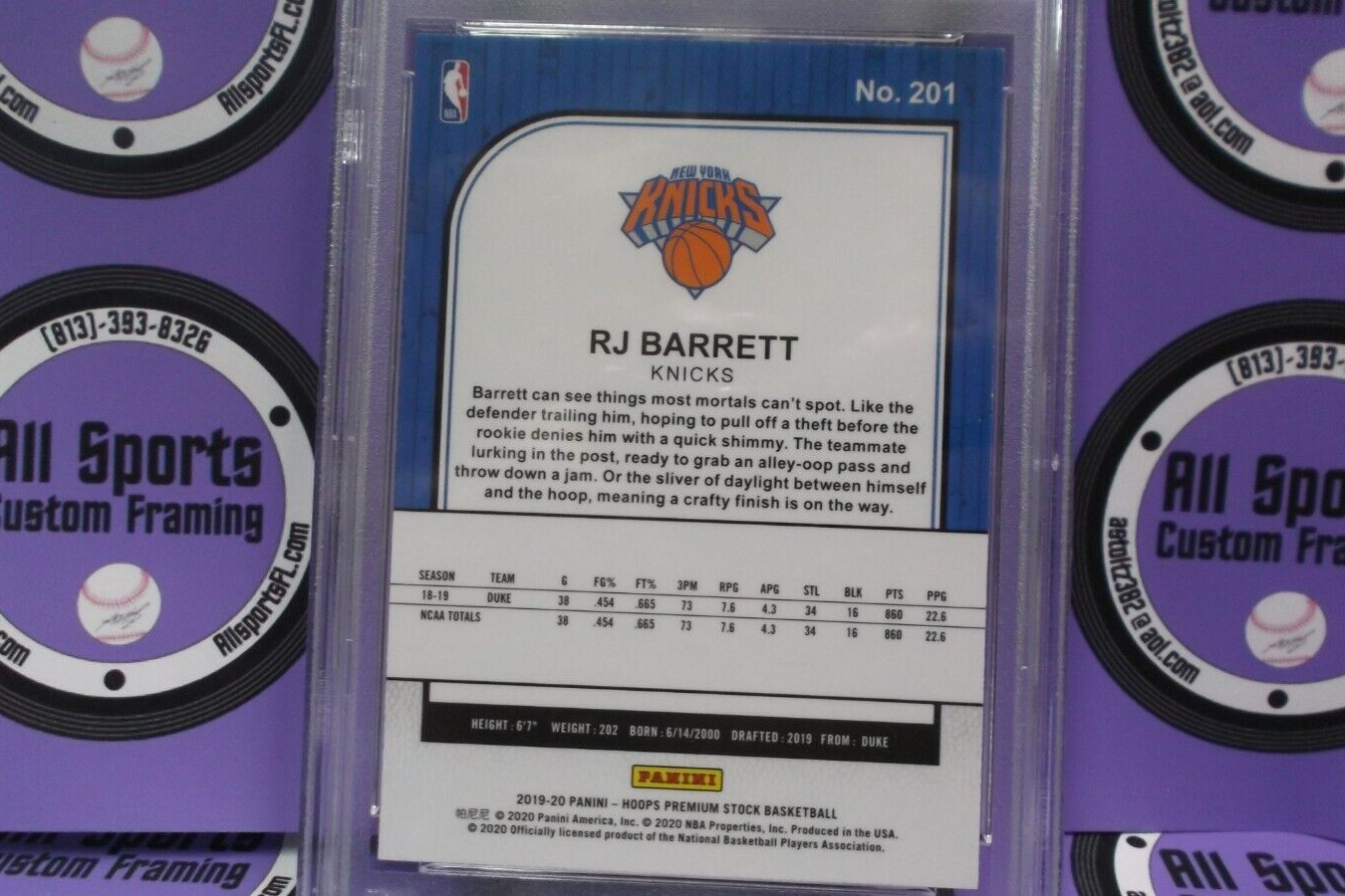 RJ Barrett Knicks 2019 NBA Panini Hoops Premium Stock Card #201 PSA Gem Mint 10