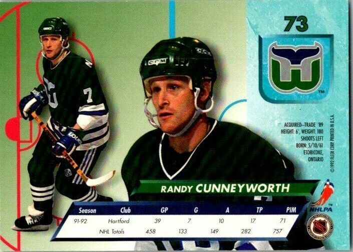 Randy Cunneyworth Hartford Whalers Hand Signed 1992 Fleer Hockey Card #73 NM