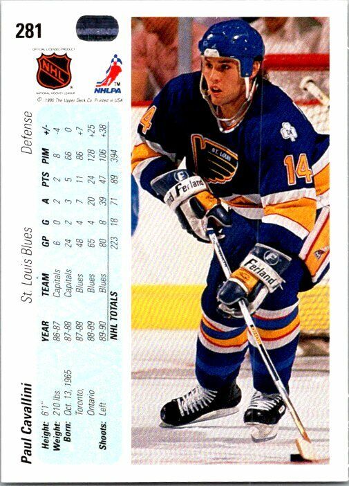 Paul Cavallini St. Louis Blues Hand Signed 1990 Upper Deck Hockey Card #281 NM