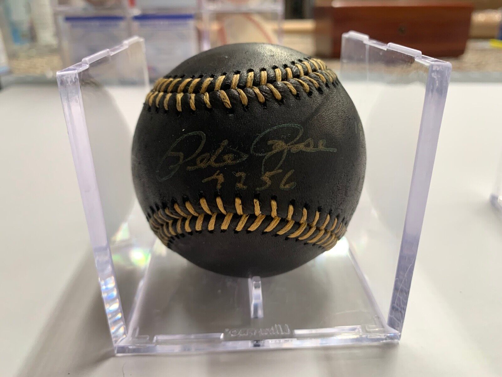 Pete Rose Autographed Black Leather Baseball PSA Certified #AI63884 MLB 5x Stats