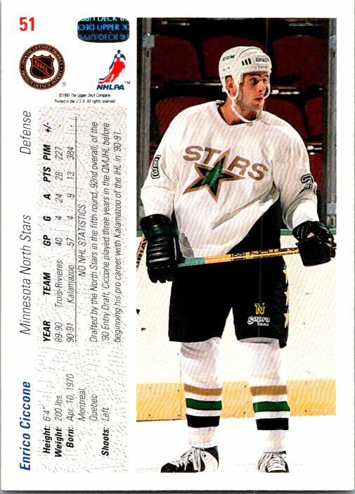 Enrico Ciccone Dallas Stars Hand Signed 1991 Upper Deck Hockey Card #51 NM