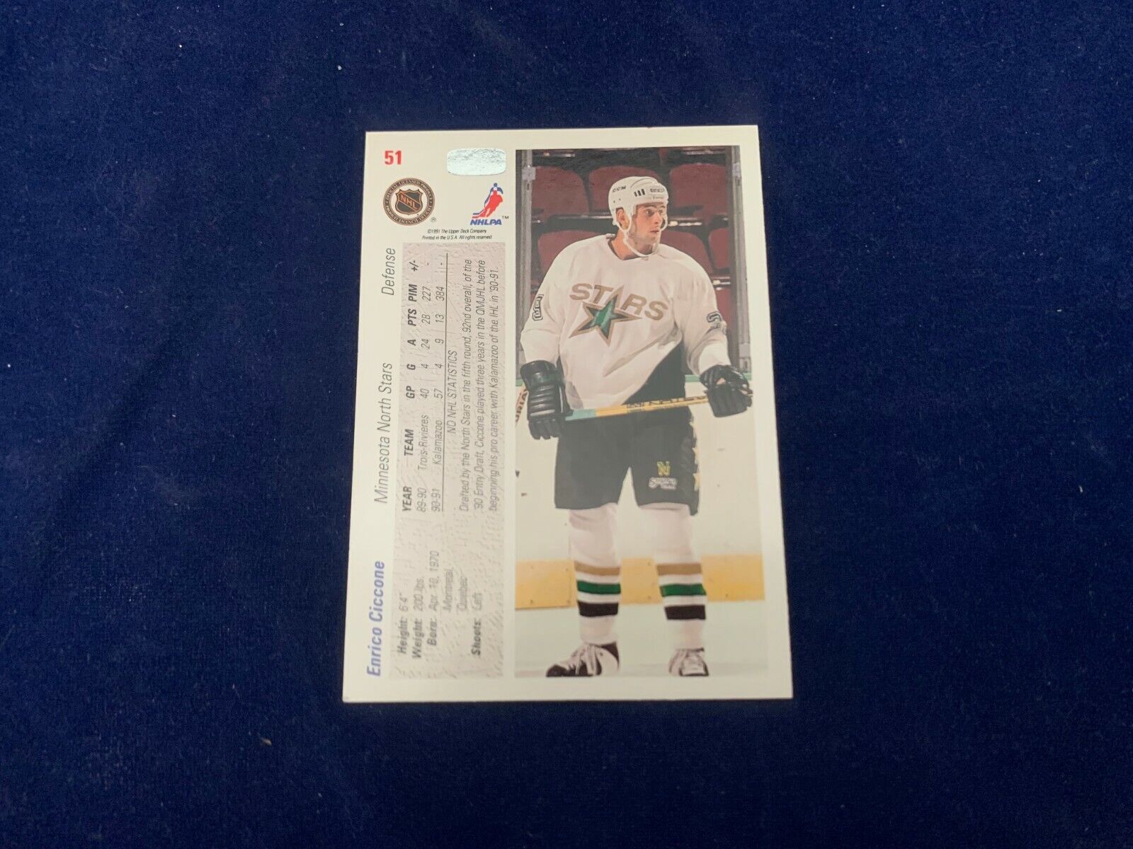 Enrico Ciccone Dallas Stars Hand Signed 1991 Upper Deck Hockey Card #51 NM