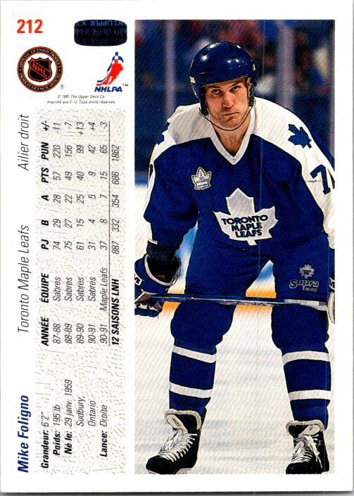 Mike Foligno Toronto Leafs Hand Signed 1991 Upper Deck Hockey Card #212 NM b