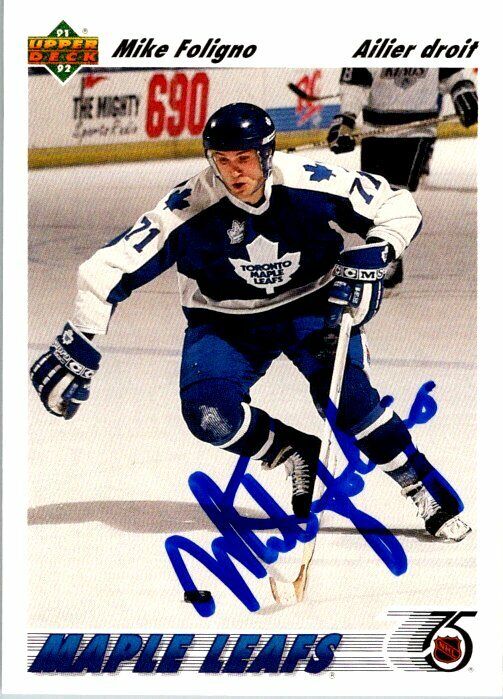 Mike Foligno Toronto Leafs Hand Signed 1991 Upper Deck Hockey Card #212 NM b