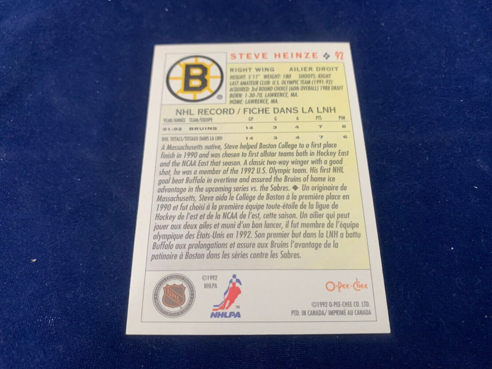 Steve Heinze Boston Bruins Hand Signed 1992 O-PEE-CHEE Hockey Card #92 NM