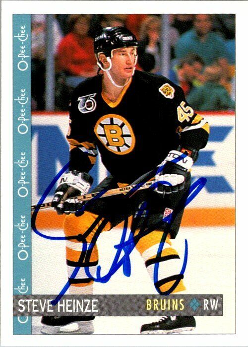 Steve Heinze Boston Bruins Hand Signed 1992 O-PEE-CHEE Hockey Card #92 NM