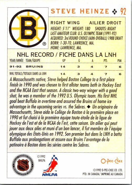 Steve Heinze Boston Bruins Hand Signed 1992 O-PEE-CHEE Hockey Card #92 NM