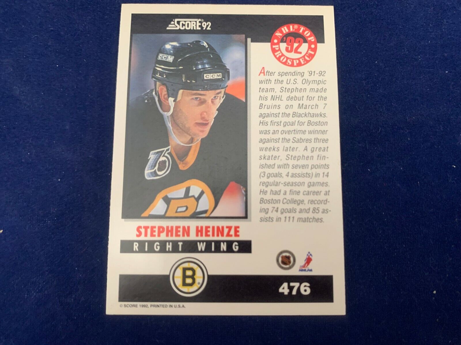 Steve Heinze Boston Bruins Hand Signed 1992 Score Hockey Card #476 NM