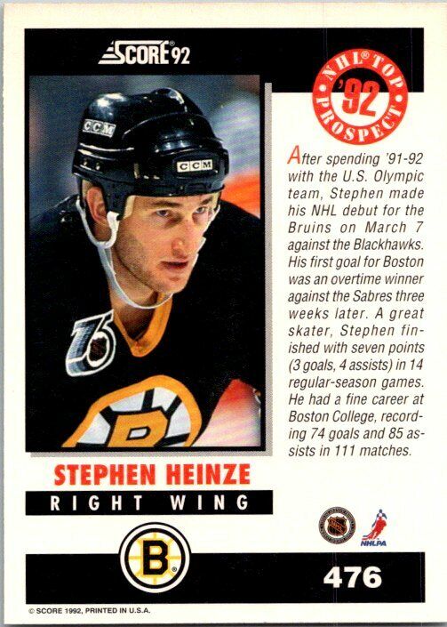 Steve Heinze Boston Bruins Hand Signed 1992 Score Hockey Card #476 NM