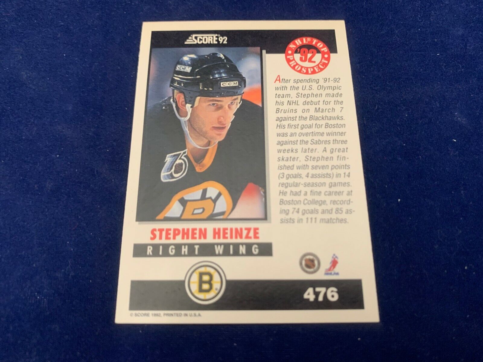 Steve Heinze Boston Bruins Hand Signed 1992 Score Hockey Card #476 NM