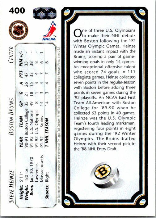 Steve Heinze Boston Bruins Hand Signed 1992 Upper Deck Hockey Card #400 NM