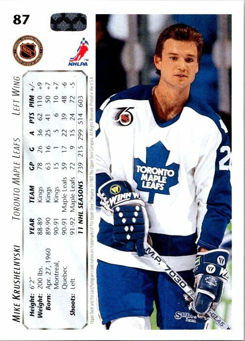 Mike Krushelnyski Toronto Leafs Hand Signed 1992 Upper Deck Hockey Card #87 NM