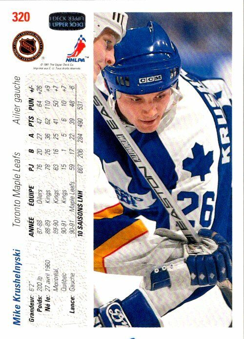 Mike Krushelnyski Toronto Leafs Hand Signed 1991 Upper Deck Hockey Card #320 NM