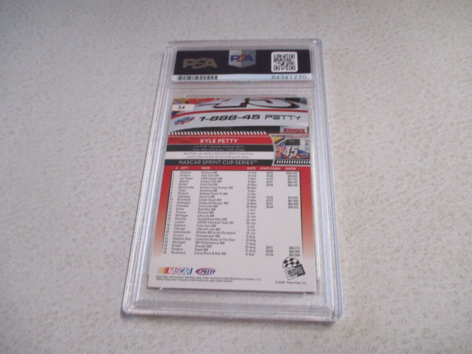 Nascar Kyle Petty Autographed Signed 2008 Press Pass SPC Card #34 PSA Slab