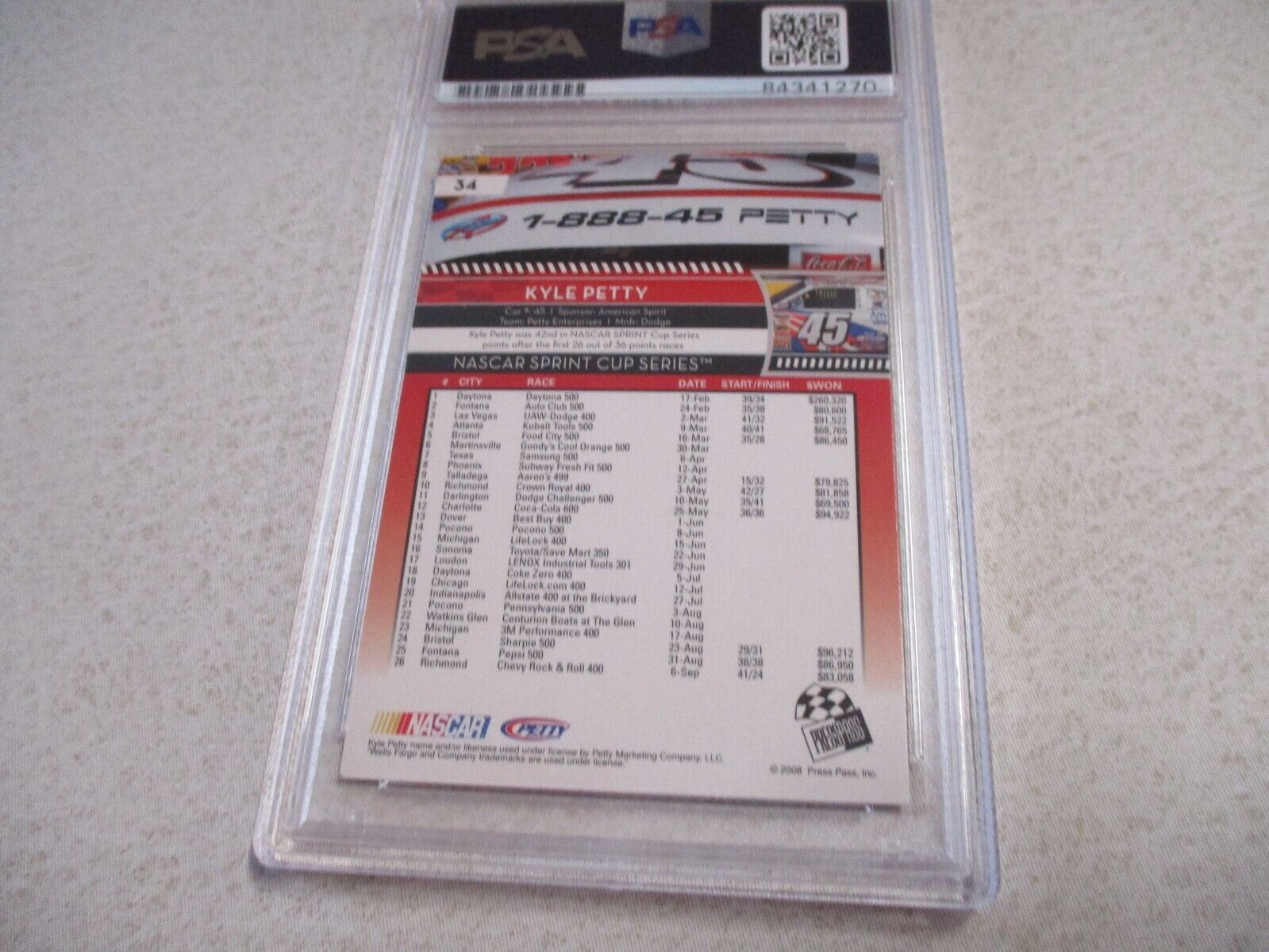 Nascar Kyle Petty Autographed Signed 2008 Press Pass SPC Card #34 PSA Slab