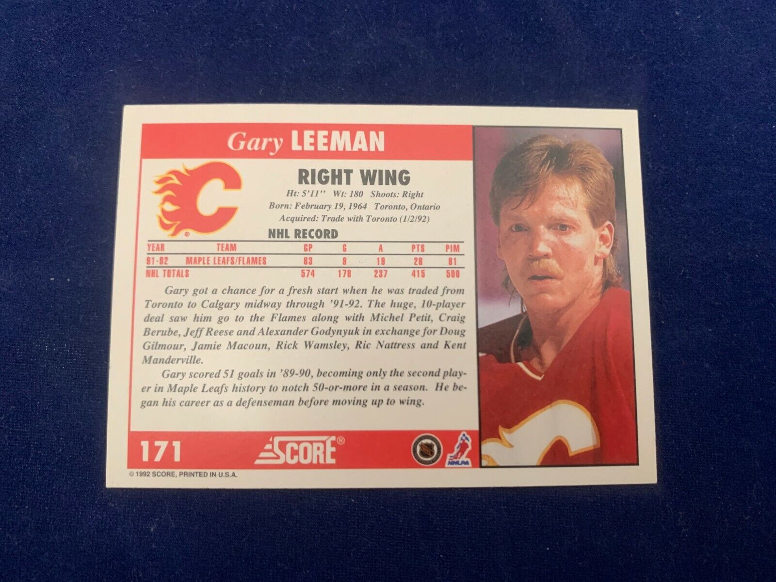 Gary Leeman Calgary Flames Hand Signed 1992 Score Hockey Card #171 NM