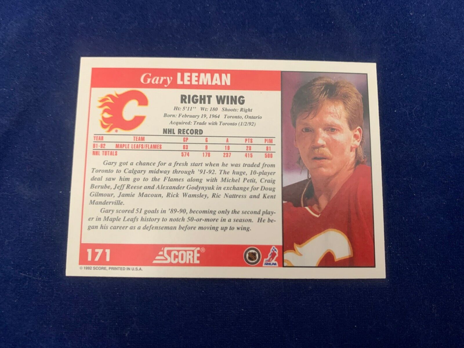 Gary Leeman Calgary Flames Hand Signed 1992 Score Hockey Card #171 NM