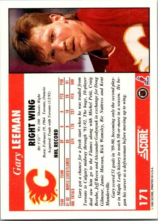 Gary Leeman Calgary Flames Hand Signed 1992 Score Hockey Card #171 NM