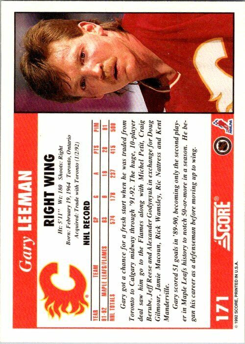 Gary Leeman Calgary Flames Hand Signed 1992 Score Hockey Card #171 NM