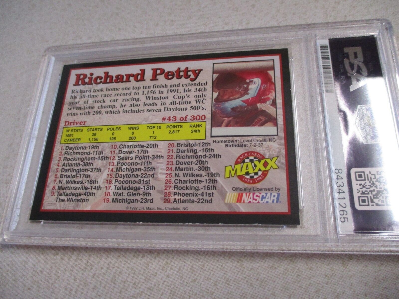 Nascar Driver Richard Petty Autographed Signed 1992 Maxx Card PSA Slab