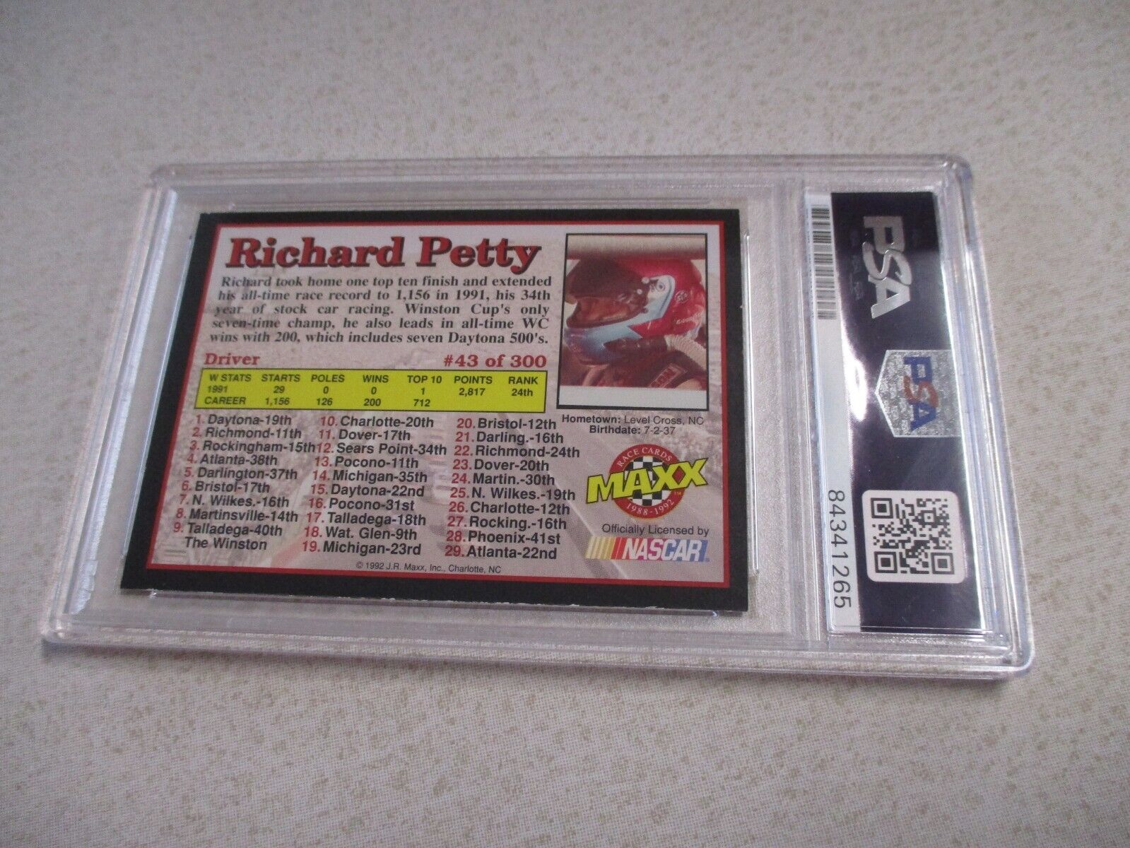 Nascar Driver Richard Petty Autographed Signed 1992 Maxx Card PSA Slab